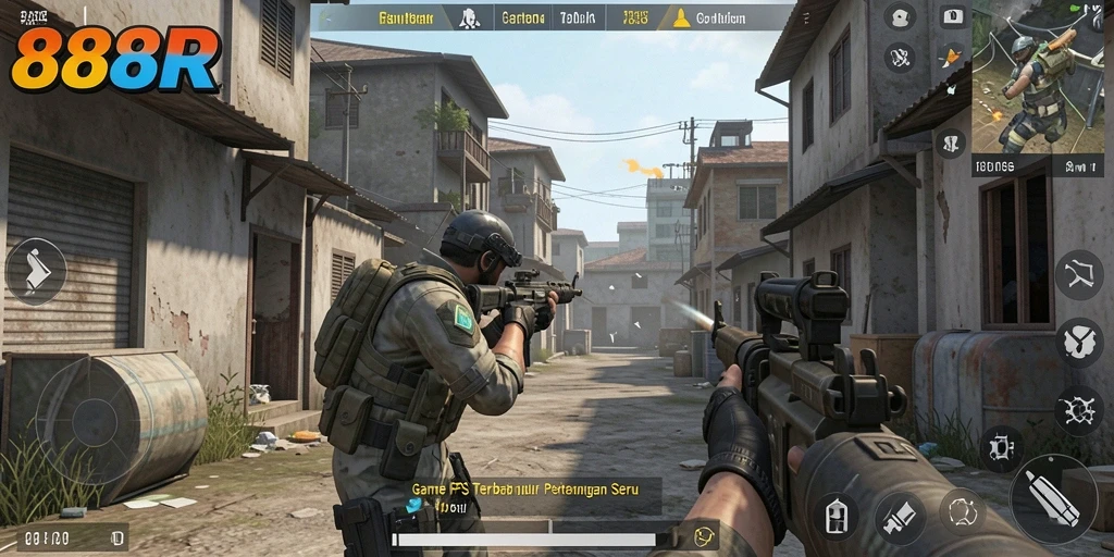 Tampilan gameplay seru di 888R dengan aksi FPS yang mendebarkan.