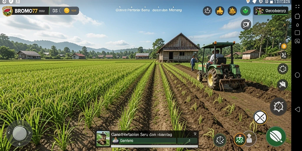 Screenshot gameplay BROMO77 menunjukkan aktivitas bertani yang seru.