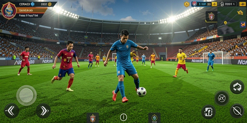 Tangkapan layar gameplay CERIA33 dengan aksi sepak bola seru.