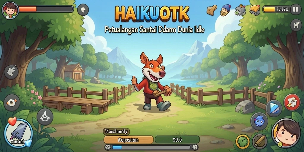 Screenshot HAIKUOTK menunjukkan karakter berburu sumber daya di dunia yang ceria.