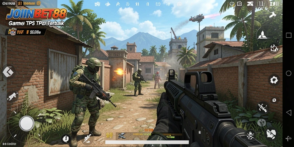 Screenshot utama JOINBET88 menampilkan aksi intense dalam gameplay TPS.