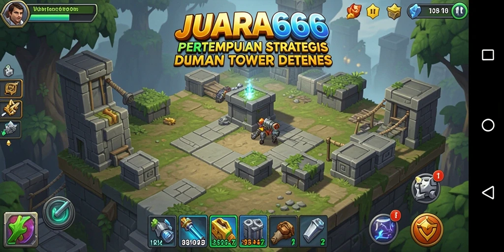 Tampilan layar utamanya menampilkan aksi menara dalam Tower Defense yang intens.