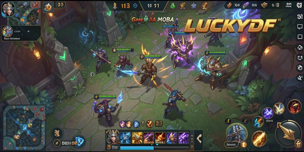 Screenshot gameplay LUCKYDF menampilkan pertarungan seru di arena.