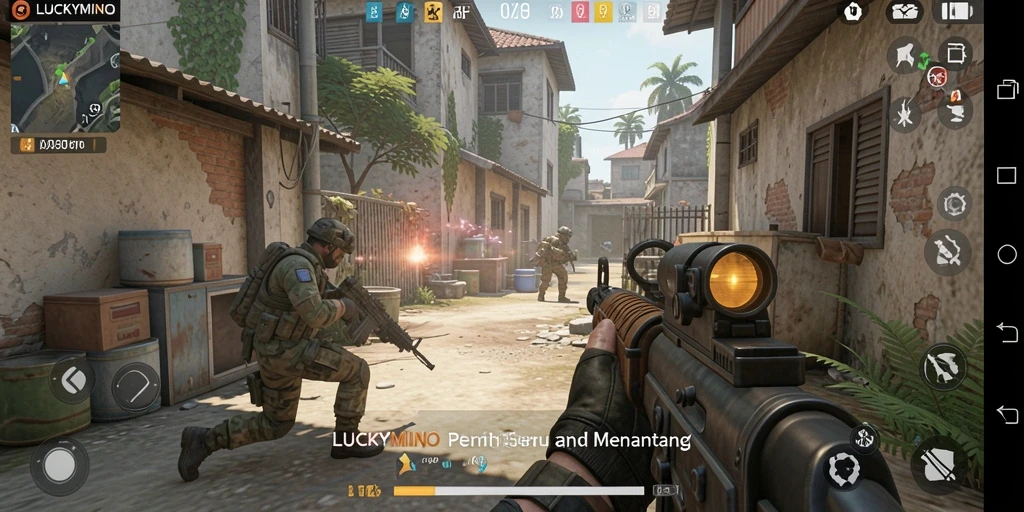 Tampilan gameplay seru dalam LUCKYMINO dengan pertempuran FPS yang intens.