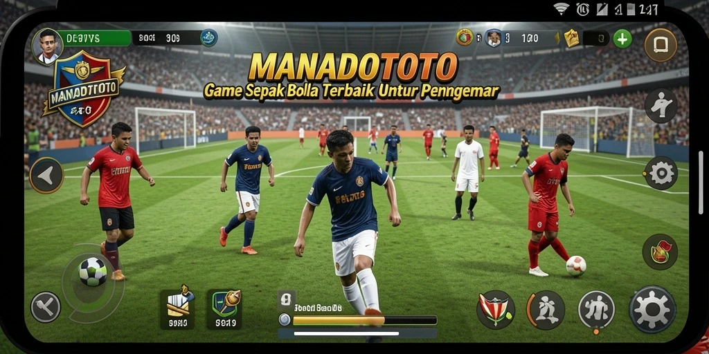Tangkapan layar gameplay <strong>MANADOTOTO</strong> yang penuh aksi di lapangan sepak bola.