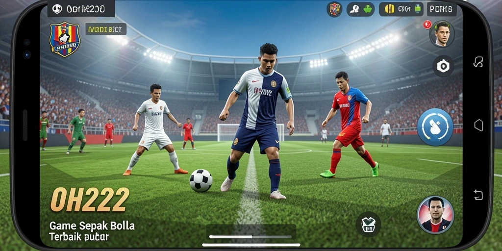 Screenshot utama menunjukkan gameplay sepak bola yang mendebarkan.